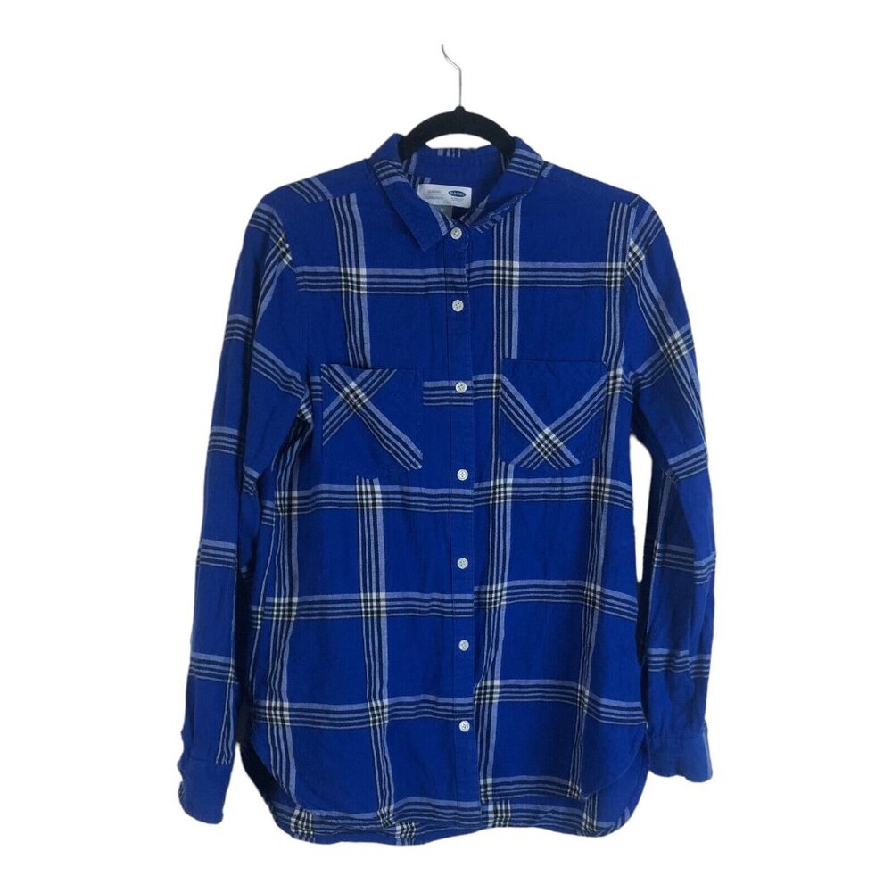 Old Navy M Shirt Blue Window Pane Allover Print Button Front Long Sleeve Casual
